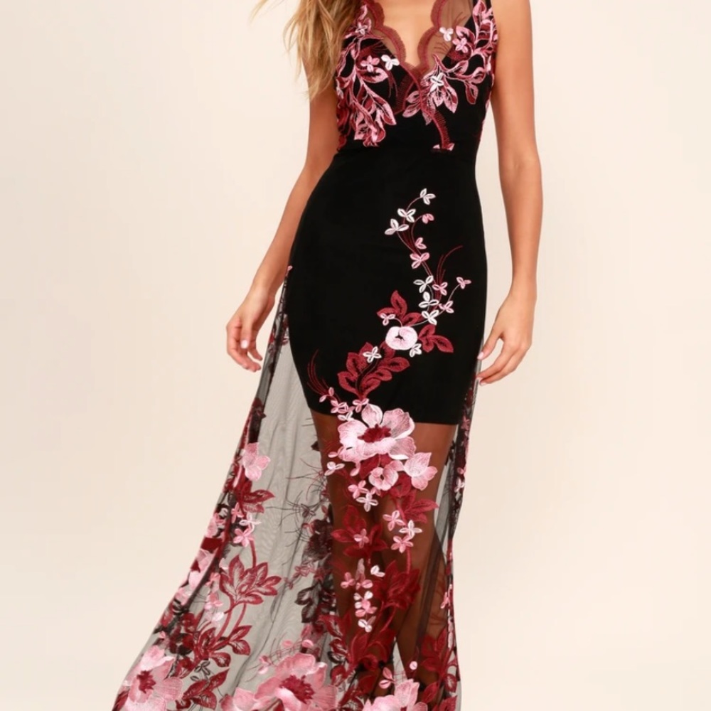 Lulus Work the Bloom Wine Red and Black Embroidered Maxi Dress